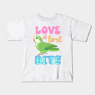 Love at first bite Green Quaker Funny Birb merch Parrot Kawaii Kids T-Shirt